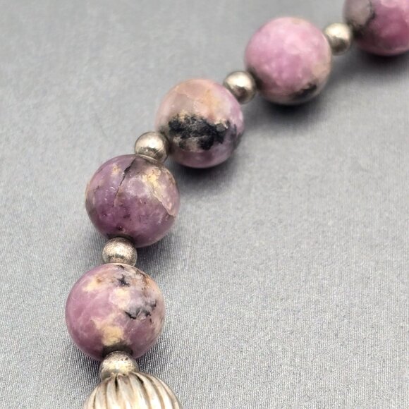 VTG Rhodonite 8mm Beaded Necklace 18" Sterling Silver Spring Clasp & Spacers - Picture 4 of 7